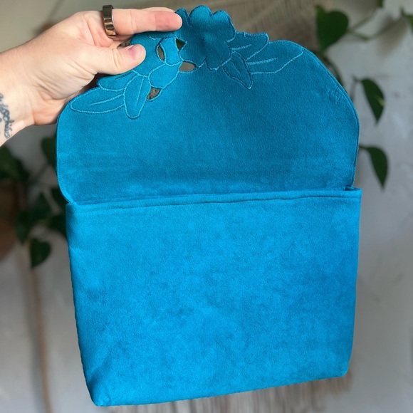 Vintage Turquoise Suede Floral Clutch Purse Handmade Boho Evening Bag Flower - Picture 2 of 7